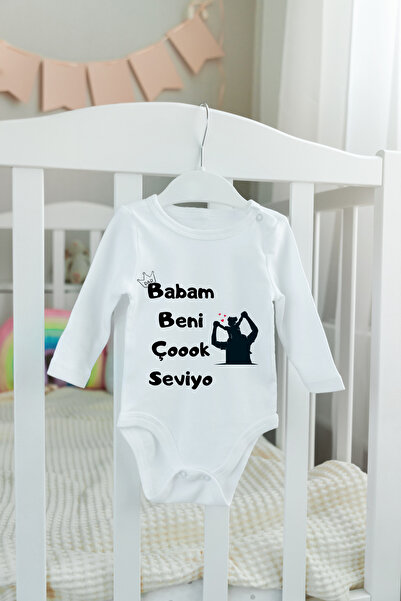 Babam Beni Çok Seviyo Bebek Uzun Kol Beyaz Body Zıbın