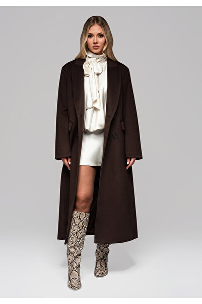 OMBRE Dámský dlouhý vlněný kabát LARICA OW-COLC-0100 v2 - hnědý