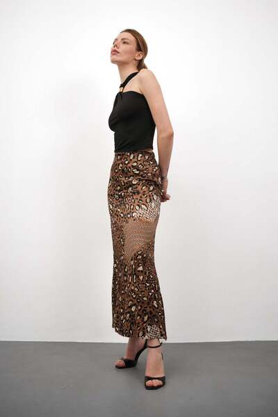 Gugus Women's Satin Skirt A-Cut Patterned Imported Fabric