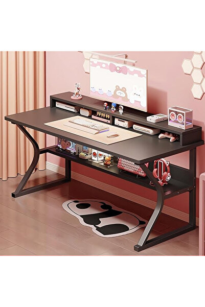 HayaBazaar Gaming Table with Shelf, 120CM Computer Desk,C-Shaped Gaming Table,Black,120CM