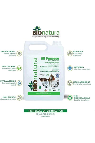 Bionatura منظف ومطهر عضوي متعدد الأغراض من بيونيت - طبيعي 100%، غير سام، قابل للتحلل الحيوي - 5 لتر