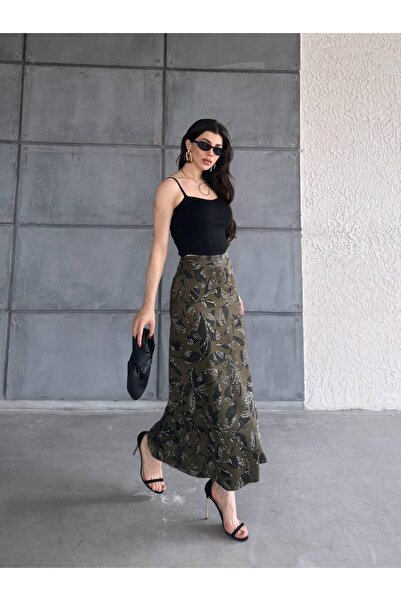 Gugus Women's Satin Skirt A-Cut Patterned Imported Fabric