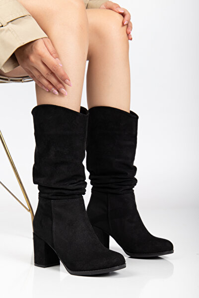 FEMME Kadın Kalın Topuk Yuvarlak Burun Büzgülü Diz Altı Çizme Tina Siyah Süet