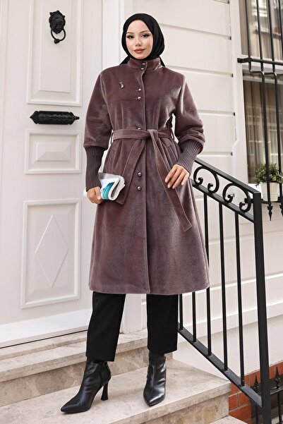 Modamihram Palton cu broșă maro 19279