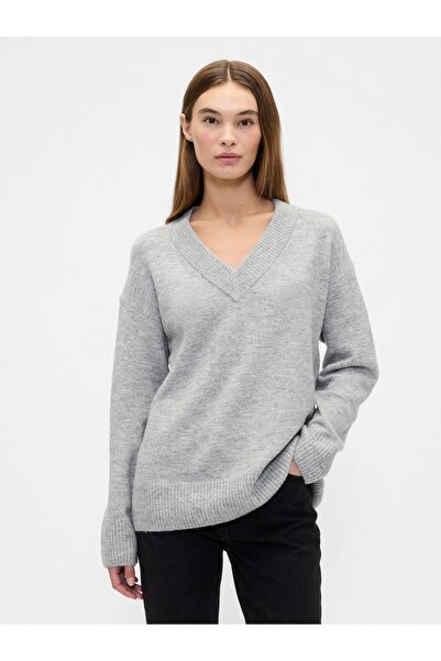 GAP Kadın Gri Oversized V Yaka Kazak
