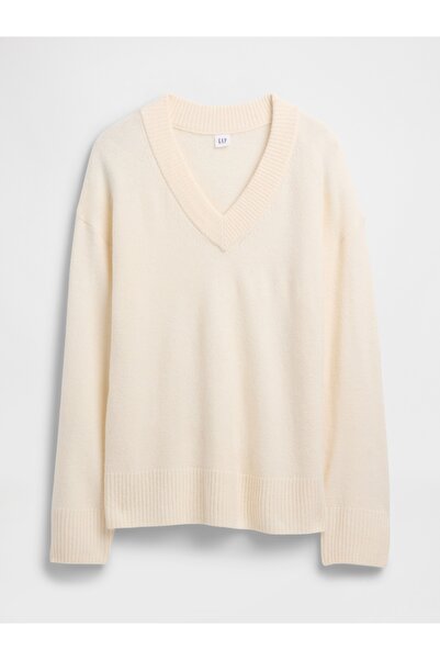 GAP Kadın Beyaz Oversized V Yaka Kazak