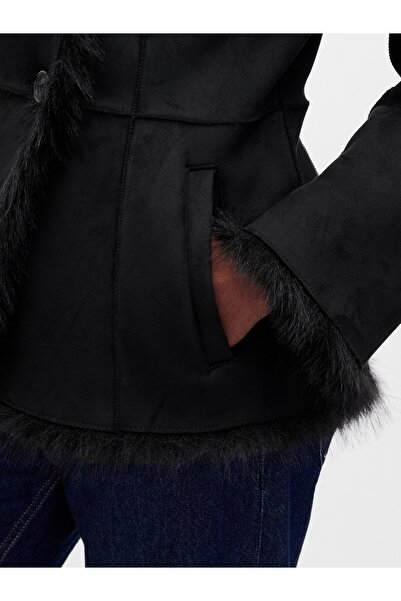 GAP Kadın Siyah Vegan Süet & Suni Kürk Mont