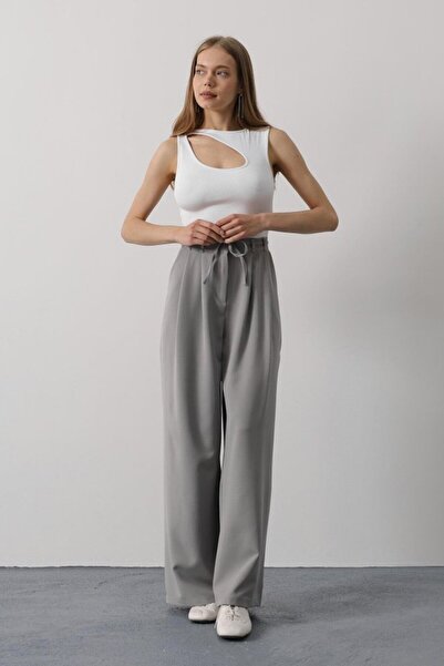 Wear Up Women's Gray Double Pocket Pleated Lace-Up Oversize Pants Vs00534