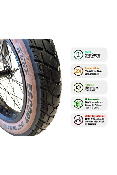 heugers 20x4.0 E-Bike Zırhlı Dış Lastik Seti (Ön + Arka) – Amber Yanaklı, Düşük Yuvarlanma Dirençli