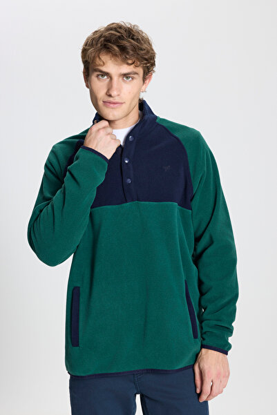 AC&Co / Altınyıldız Classics Green-Dark Blue Standard Fit Regular Cut Stand Collar Patterned Fleece Sweatshirt