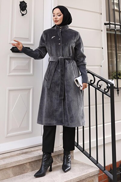 Modamihram Παλτό με λεπτομέρεια καρφίτσας γκρι 19279