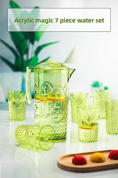 Mustran Acrylic Green Jug 2.3 Lt and 6 Pieces & Water Soft Drink Coffee Side Glass 400 ml Set (Not Glass)