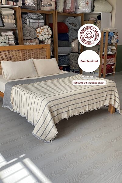 sutra 8 Layer Muslin Quilt Double Size Elastic Sheet Muslin Sleeping Set