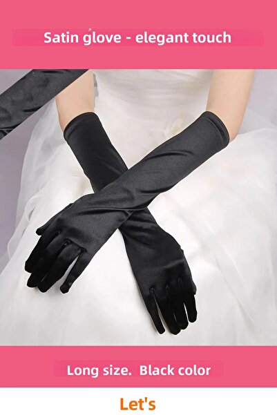 Letsii Long Length Extra Shiny Satin Gloves Black Color