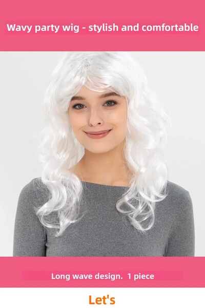 Letsii White Wavy Long Party Wig with Bangs