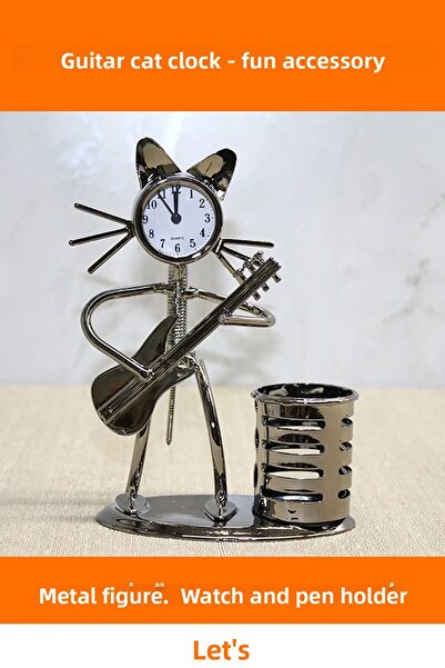 Letsii حامل أقلام على شكل ساعة على شكل قطة عازفة جيتار معدنية