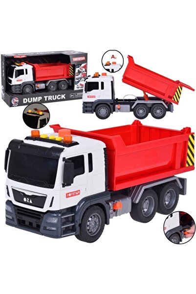 Tıfıl Toys 1:12 Scale Red Dump Truck Toy with Friction Powered Sound and Light