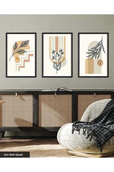 CeSht Tablou abstract cu flori din 3 piese cu rama din lemn negru