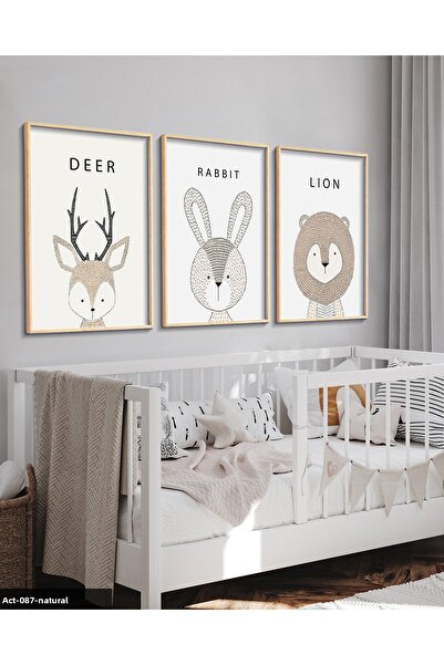 Evinemoda Animale Camera Copiilor 3 Piese Tablou cu Ramă din Lemn