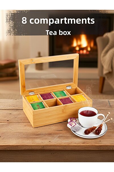 Penthouse Bamboo Tea Box 8 Compartments with Lid Herbal Tea Storage Container Brown Organizer
