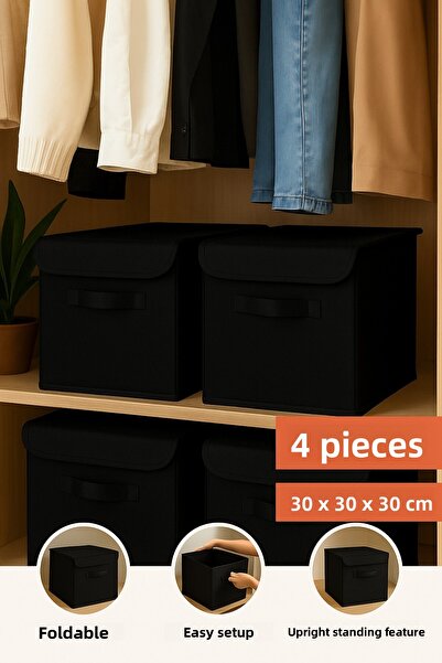 HomyJRs 4-Piece Black Lid Fabric Closet Organizer Box - 30X30X30 cm Foldable Storage Box