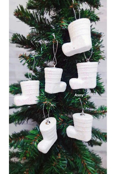 asöy Στολίδι Χριστουγεννιάτικου Δέντρου 4 εκ. Χαριτωμένα Λευκά Μποτάκια Ασημί Λαμπερό Στολίδι Γυαλιστερό 6 τεμάχια