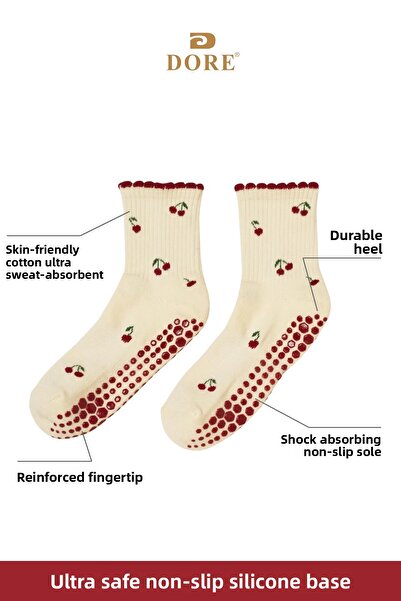 Dore Original Women's New Season Cherry Pattern Trend Model Pilates and Yoga Non-Slip Sole Socks 1 Pair