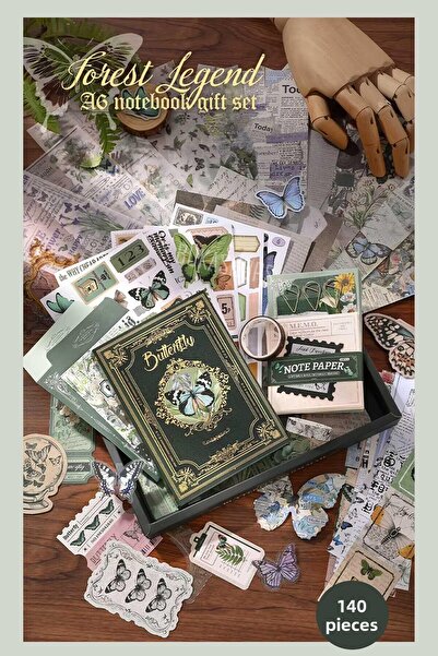 Buka Shops 'Forest Legend' Series 140 Piece Green Butterfly Set (with 256 Page Notebook) - Journal with Gift Box, St
