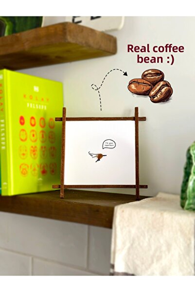 Atölye Merdiven My Monday Hero Cute Coffee Corner Wooden Framed Painting with Real Coffee Beans Written on It