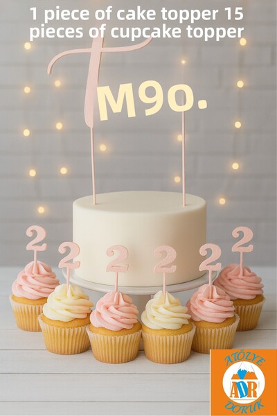 Atölye Doruk زينة كعكة عيد الميلاد باللون الوردي لعمر سنتين - حرفان للكعكة - رقم 2 على شكل عود أسنان للكعك - عيد ميلاد طفلة