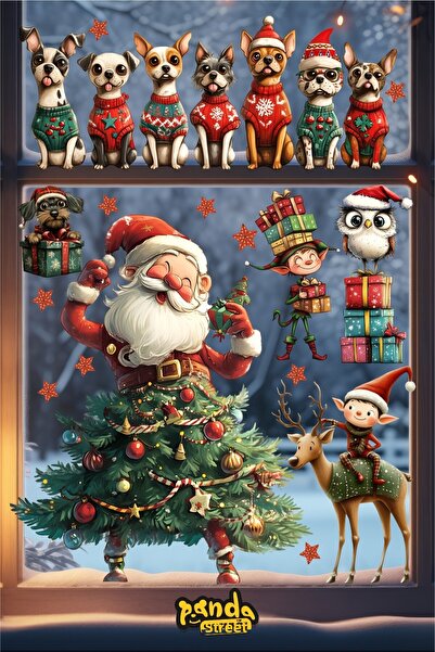 PANDA SOKAĞI 2026 New Year Sticker Santa Claus Pine Tree and Friends Cute Dogs Wall Window Sticker