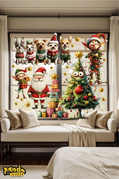PANDA SOKAĞI New Year Santa Claus and Smiling Pine Tree Wall Window Sticker Set