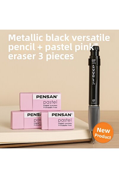 KarmaOfis قلم أسود معدني متعدد الاستخدامات + ممحاة وردية باستيل 3 قطع