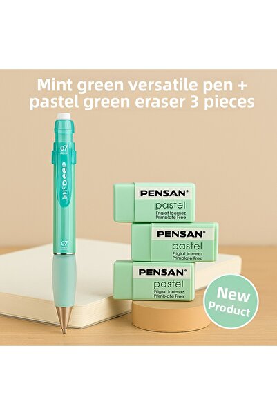 KarmaOfis قلم أخضر نعناعي متعدد الاستخدامات + ممحاة خضراء باستيل 3 قطع