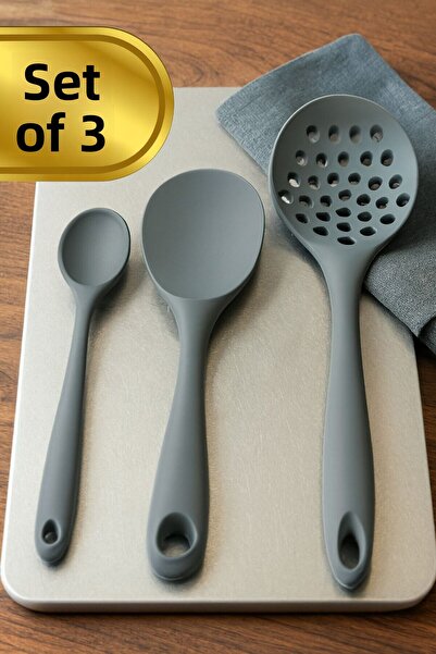 TARIK HOME 3-Piece Silicone Spoon Set – Ergonomic Handle, Slotted Ladle, Rice Spoon and Short Deep Spoon |   Heat Resistant