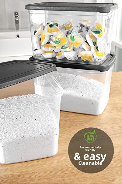 Meleni Home 5-Pack Detergent Storage Box with Labels - Transparent Deep Bathroom Tablet Powder Detergent Box 3.7 Liters