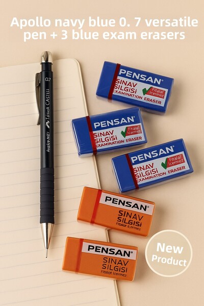 KarmaOfis قلم أبولو أزرق داكن 0.7 متعدد الاستخدامات + 3 قطع ممحاة زرقاء