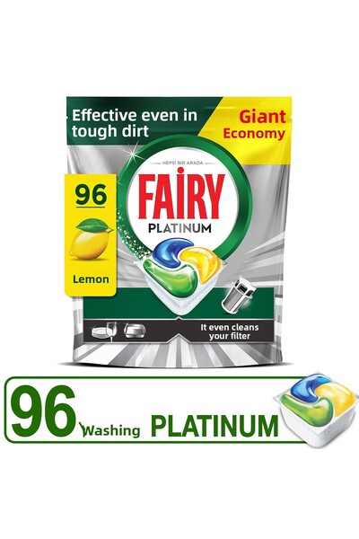 Fairy غسالة أطباق بلاتينية 96 قطعة مع كبسولات غسيل برائحة الليمون