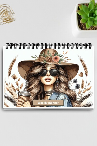 qoeuyl boutique دفتر ملاحظات أسبوعي بتصميم حلزوني من Coffee Girl موديل:1 A5