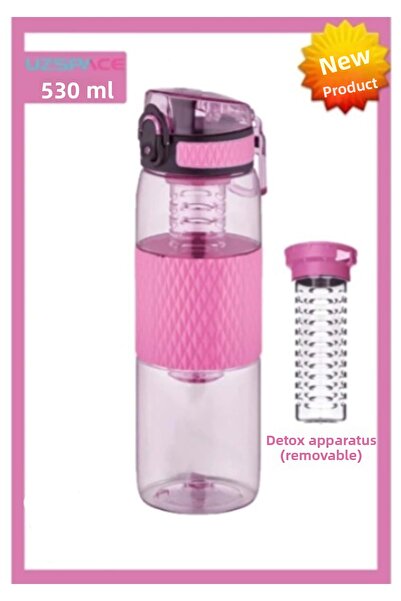 Uzspace زجاجة مياه تريتان سعة 530 مل مع جهاز إزالة السموم وهيكل من السيليكون باللون الوردي