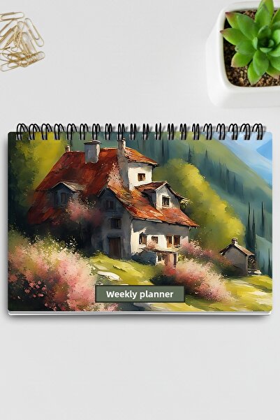 qoeuyl boutique نموذج ذو طابع طبيعي ومشهد طبيعي: 1 مخطط أسبوعي لقائمة المهام والملاحظات بحجم A5 مع حلقات سلكية