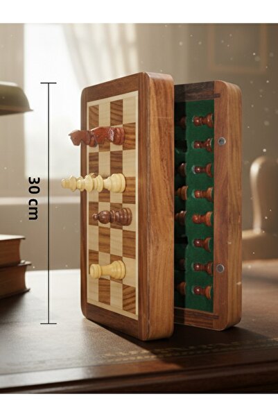moryconcept Chess Set with Special Varnished Magnetic Stones and Wooden Foldable Box 30 cm
