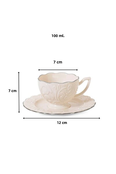 FAIR HOME Rosen Embossed Vintage Platinum Model 6-Person Porcelain Cream Coffee Cup Set – 100 Ml.