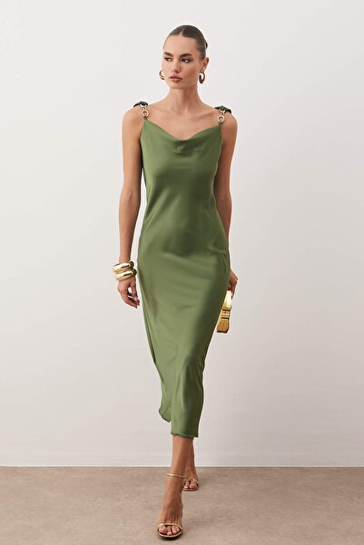 Trendyol Collection Green Plain Accessory Detail Woven Satin Maxi Party Dress Tpraw26El00120