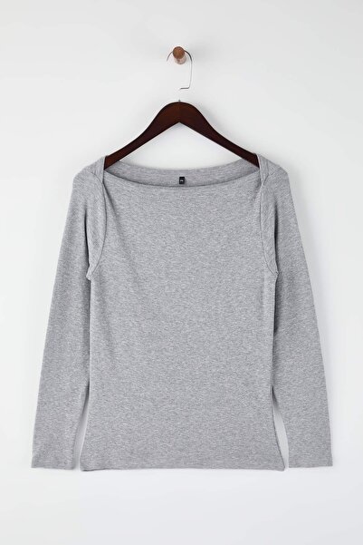 Trendyol Curve Grey Melange Boat Neck Bodycon Camisole Knitted Plus Size Blouse Tbbaw26Af00093