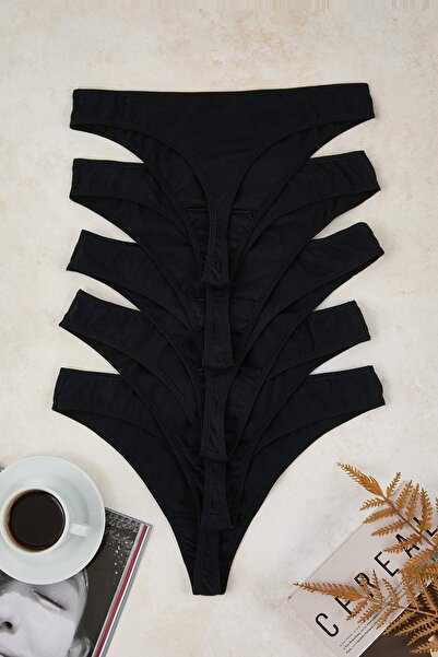 Trendyol Curve Μαύρο Πακέτο 5 Βαμβακερών Ελαστικών Πλεκτών Εσωρούχων Βραζιλιάνικου Τύπου Plus Size TBBAW26CM00013