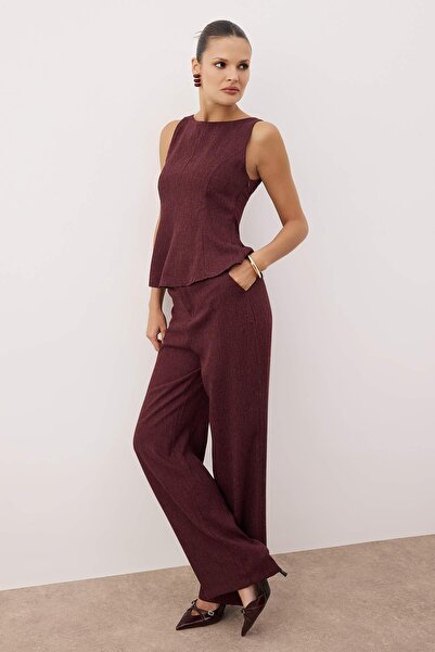Trendyol Collection Plum Sleeveless Blouse Belt Buckle Wide Leg Pants Woven Bottom - Top Set Twoaw26Au00121