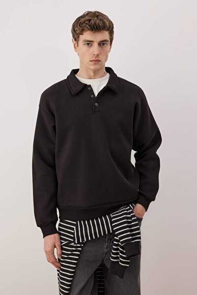 Trendyol Collection Black New Oversize/Loose Fit Soft Quality Fleece Inside Polo Neck Sweatshirt Tmnaw26Sw00004
