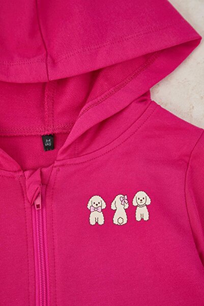 TRENDYOLKIDS Fuchsia Printed Hooded Girl's Knitted Bottom - Top Set Tkdaw25Au00040