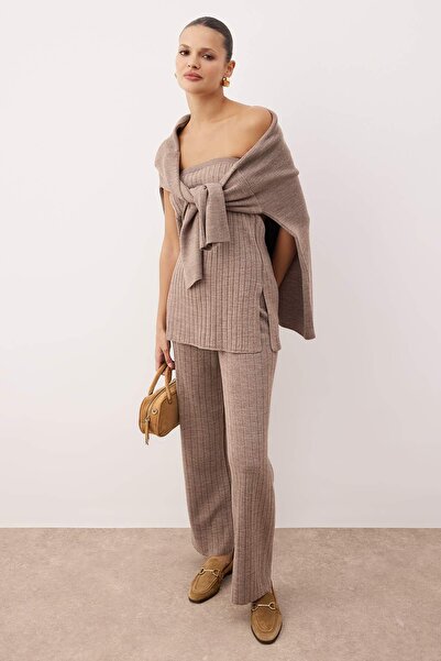 Trendyol Collection Mink V-Neck Blouse-Cardigan-Pants Knitwear Bottom - Top Set Twoaw26Au00062